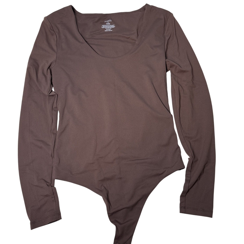 Small NUUDS Brown Long Sleeve Scoop Neck Bodysuit‎ stretch streetwear casual
